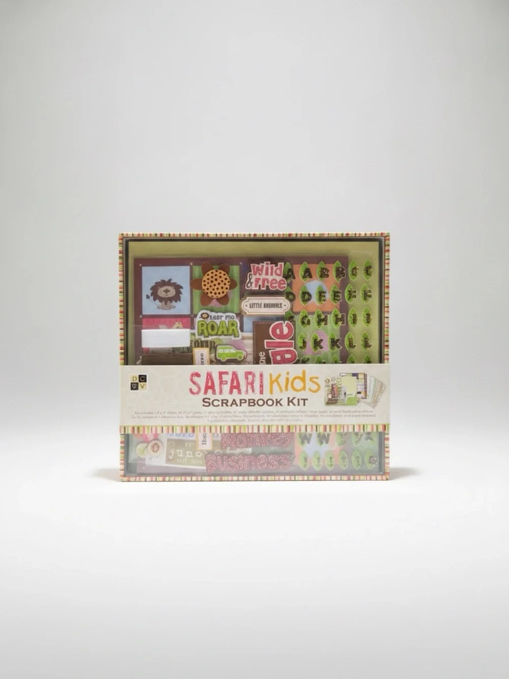 Safari Kids Scrapbook Kit with cartoon animals on colored backgrounds